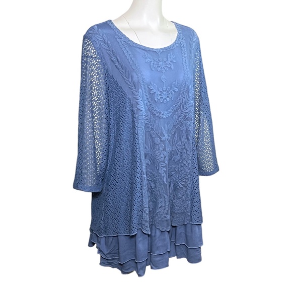 Ali Miles Size 1X Blue Lace Overlay Tunic Top Ruffle Tiered Lagenlook 3/4 Sleeve - Picture 3 of 10
